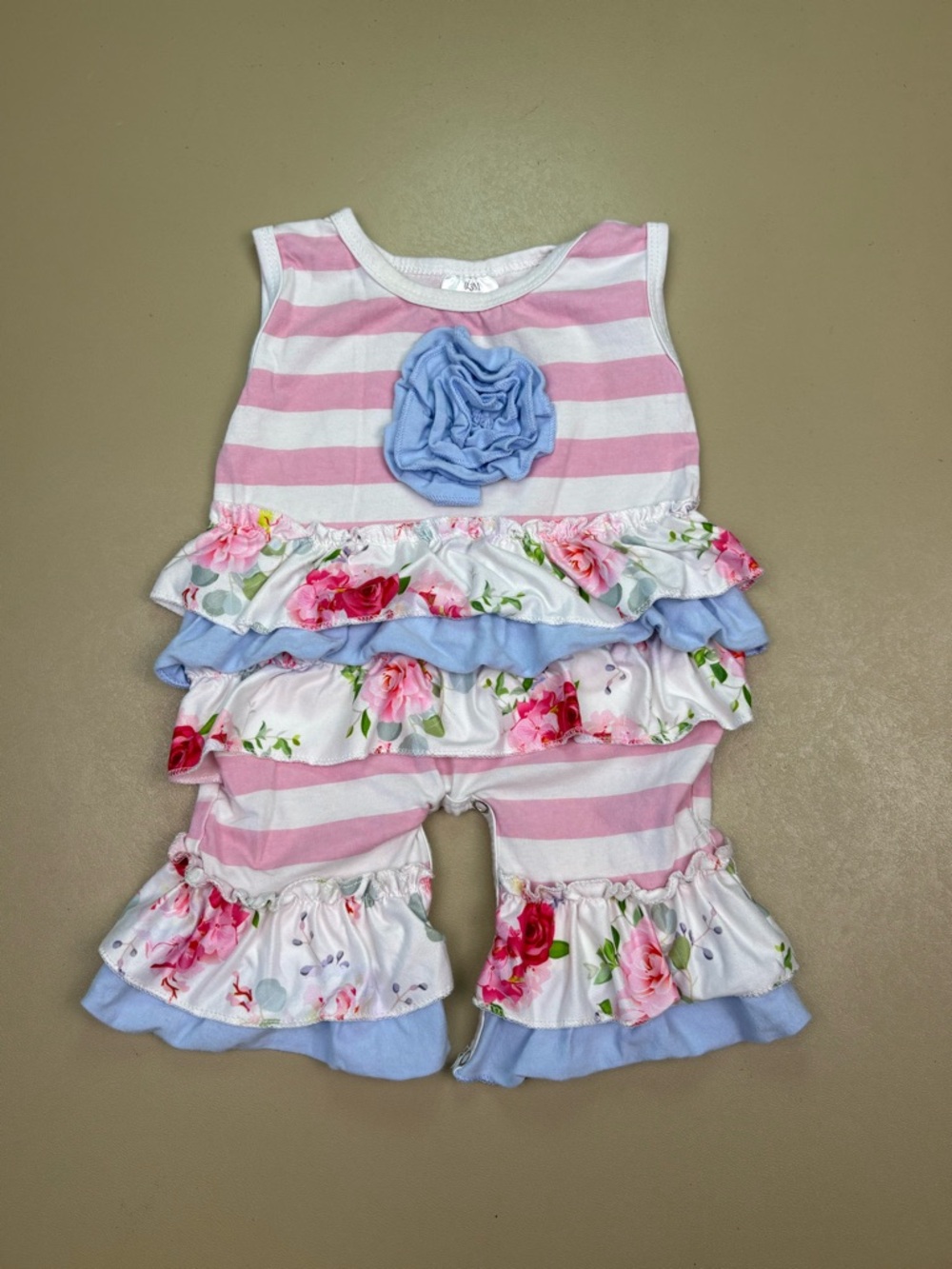 Baby Girl Ruffle Romper Floral Stripe Pink Blue Bubble Outfit 0-3M